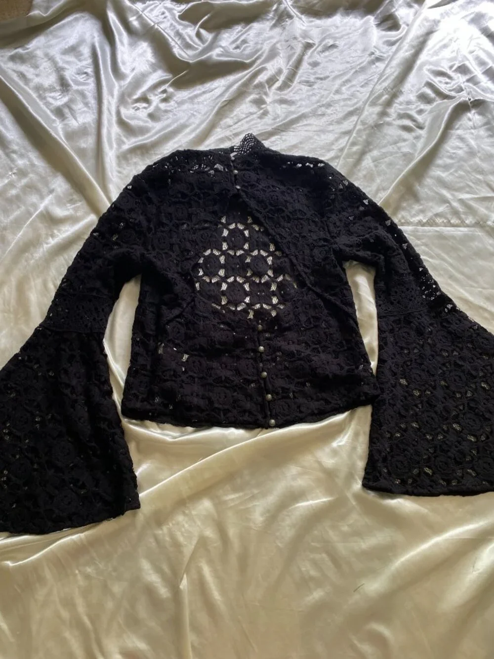 Free People Kiss & Bell Black Lace Crochet Bell Sleeve Open Back Top Small Boho